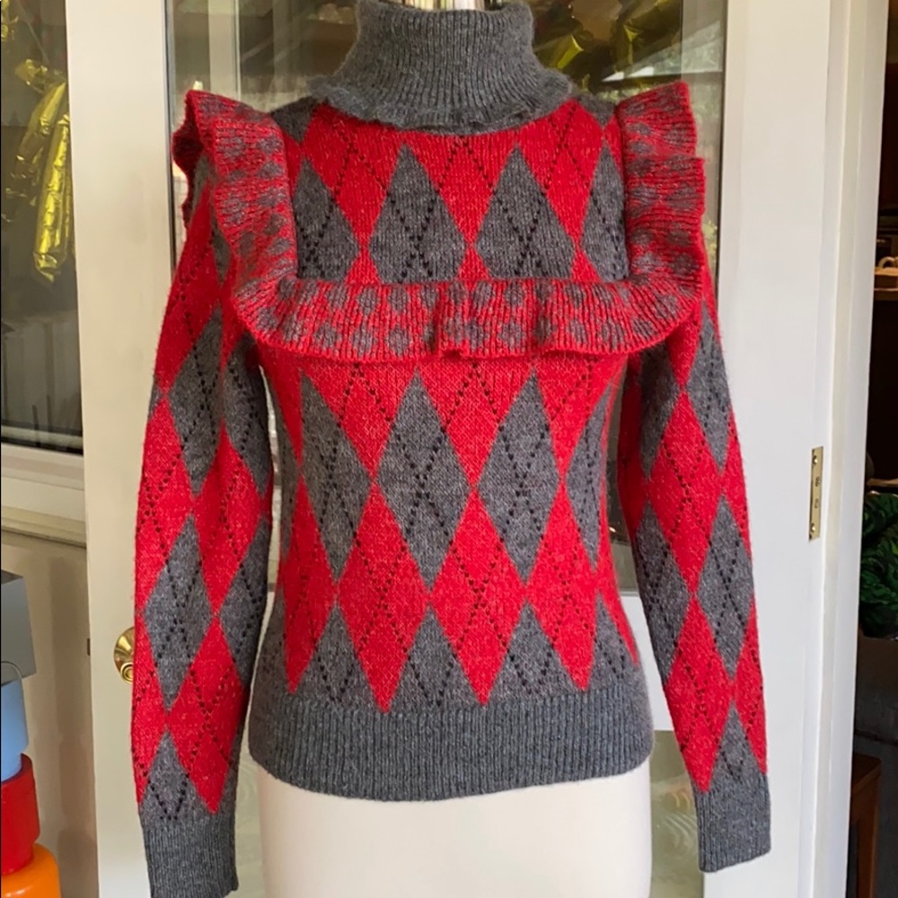 Zara Argyle Ruffle Turtleneck Sweater